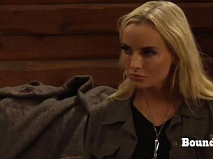 Big butt busty lesbian slave moans loud under madame's fingering and domination