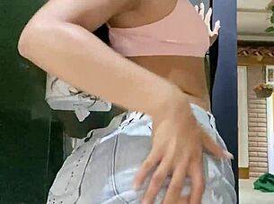 petite babe in miniskirt fucks horny pussy solo