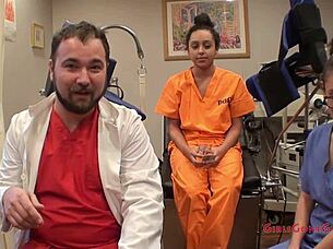 Spy cam catches Mia Sanchez's gyno exam spreading shaved pussy for doctor in hospital.