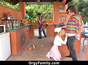 petite blonde drilled doggy while stepdad blindfolded nearby