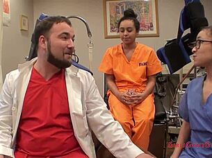 Spy cam catches Mia Sanchez's gyno exam spreading shaved pussy for doctor in hospital.