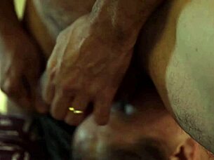 French slut in purple satin panties rims and rides heels on