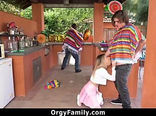 petite blonde drilled doggy while stepdad blindfolded nearby