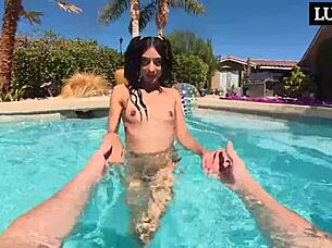 Laynee James drenches her tight pussy poolside before I fill her missionary style.