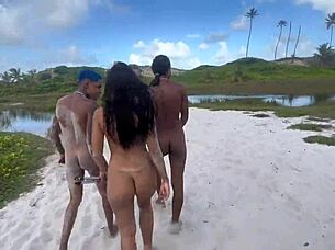 five pals casually nude strolling white sands beach salvador