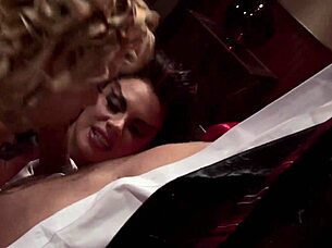 three hot shaved milfs fuck bent over in lingerie heels