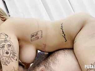 Chubby Tattooed Teen Deedee Rides and Swallows Putalocura Cum