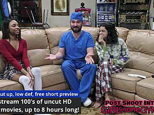 Solana spreads shaved teen pussy for first gyno exam closeup