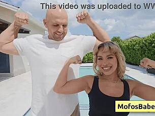 Blonde teen shows off her perfect poolside butt with luna luxe and jmac