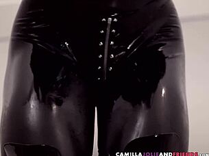 ebony shemale struts in latex craving monster cock action