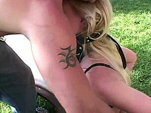 Blonde milf slave sucks cock outdoors desperately!