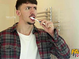 fake hostel babe bent over for creampie then sloppy blowjob threesome