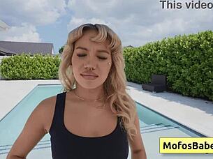 Blonde teen shows off her perfect poolside butt with luna luxe and jmac