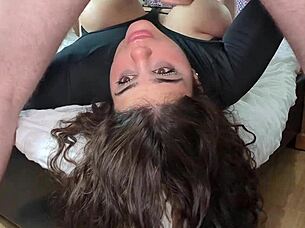 Upside down deepthroat pounding ends in messy throatpie swallow