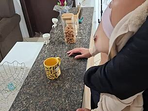 mature slave bent over kitchen counter for doggystyle cumshot