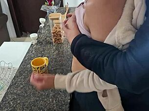 mature slave bent over kitchen counter for doggystyle cumshot