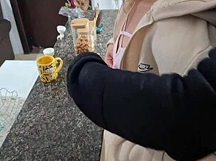 mature slave bent over kitchen counter for doggystyle cumshot