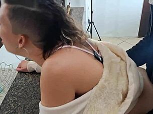 mature slave bent over kitchen counter for doggystyle cumshot