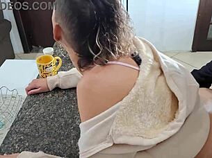 mature slave bent over kitchen counter for doggystyle cumshot