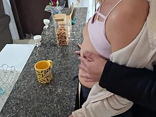 mature slave bent over kitchen counter for doggystyle cumshot