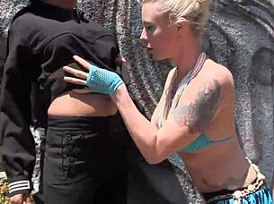 Mermaid cosplay blonde kisses brunette by sea fingering outdoors