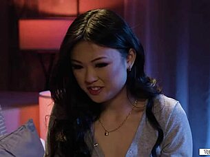 beautiful trans ember fiera sucks asian cock in bed