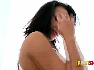 horny russian brunette's tight pussy licked through shorts