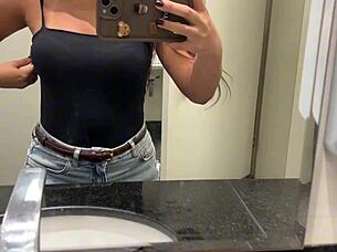 Latina Fingers Dripping Pussy in Risky Public Bathroom Siririca