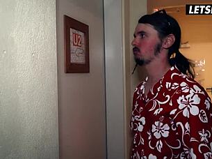 Horny teen Daphne Klyde... uh, gagging deep on hostel guy's cock!