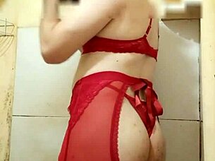 trans in lingerie and miniskirt teases her cute package casually