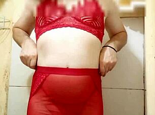 trans in lingerie and miniskirt teases her cute package casually