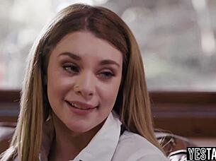 Big boobs blonde cheerleader seduces petite hairy classmate into lesbian pussy tribbing