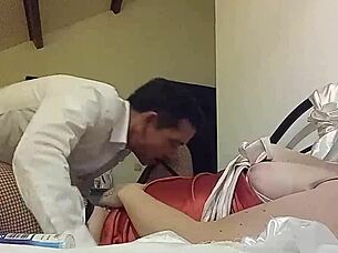 French amateur chats dirty in satin panties during steamy POV bent-over session with rimming talk