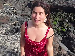 seductive beach mommy flashes big tits pussy public tease