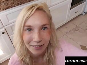 Super hot blonde heads to boss's for wild cowgirl ride, you in?