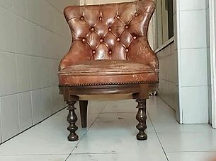 Big dick guy hauls armchair to bathroom for monster cock stroke session