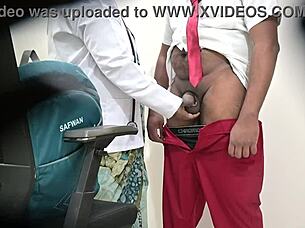 doctor examines patient's throbbing cock during clinic handjob checkup