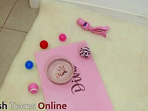 submissive girl eagerly eats cum from gloryhole bowl