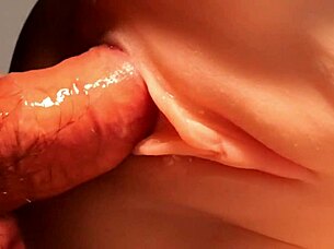Cock slides deep into her shaved pussy