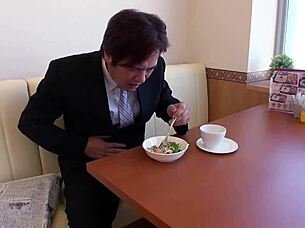 client pumps japanese waitress full of creampie at restaurant