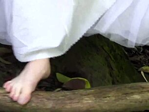 Shaved milf wife masturbates ass on tree outdoors