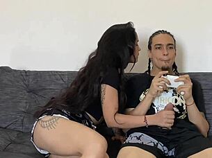 While he games on console she rides his huge cock