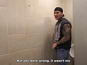 Busty redhead spots huge cock in men's bathroom 😲🍆💦