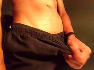 hot stud with huge cock rushes home for frantic solo jerk session