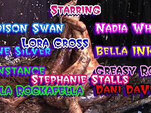 Glamorous big tits clash in messy nude lesbian wrestling