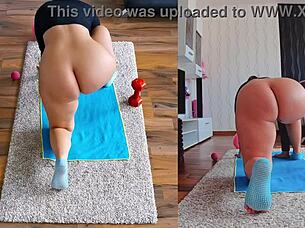 Curvy milf spreads big ass in naked yoga workout exposure