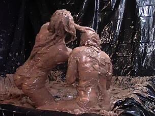 Glamorous big tits clash in messy nude lesbian wrestling