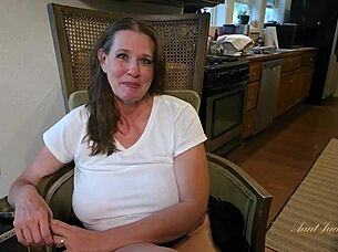 Damn, mature's big tits slamming wildly on the desk!