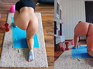 Curvy milf spreads big ass in naked yoga workout exposure