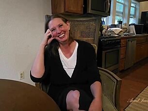 Damn, mature's big tits slamming wildly on the desk!